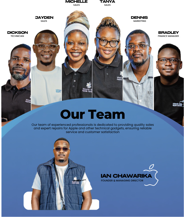 The Victoria Falls Apple Centre team: Dickson, technician; Jayden, sales; Michelle, sales; Tanya, sales; Dennis, marketing; Bradley, finance manager; and Ian Chawarika, founder and managing director.